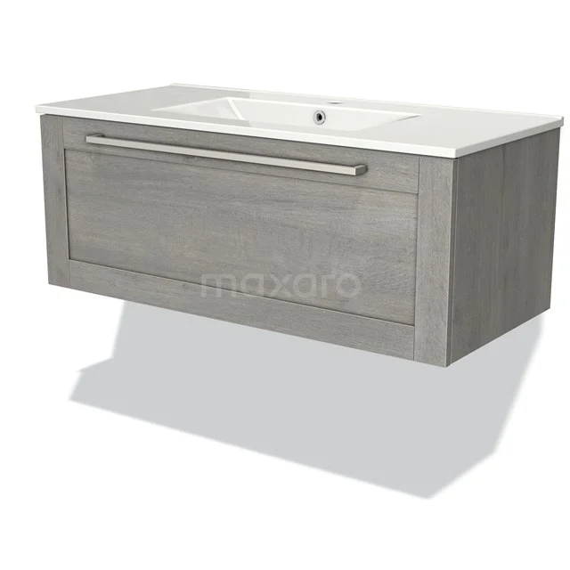 Grey wooden bathroom furniture set with wide drawer design and integrated basin, ideal for modern bathrooms.