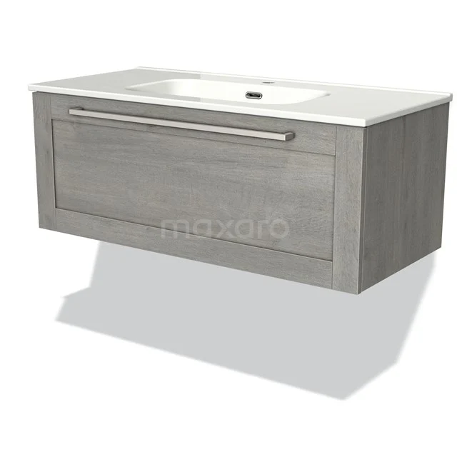 Grau hängendes Badmöbel mit Holzoptik, einzelnes Waschbecken und Schublade; stilvolles Design für moderne Bäder.