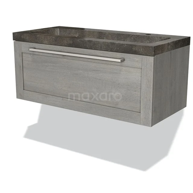 Grey wooden vanity unit with a dark stone sink, single drawers and sleek design suitable for modern bathrooms.