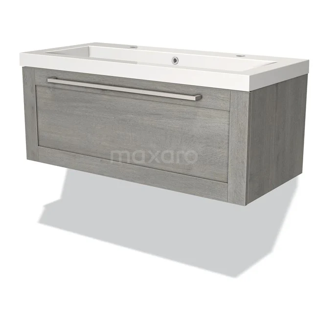 Grauer Holz-Badschrank mit Schublade, rechteckiges Design, weißes keramisches Waschbecken und metallischer Haltegriff, modern und praktisch.