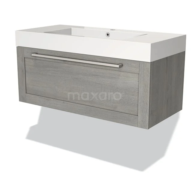Grey wooden vanity unit with drawers, white ceramic sink, modern design, ideal for stylish bathroom decor.