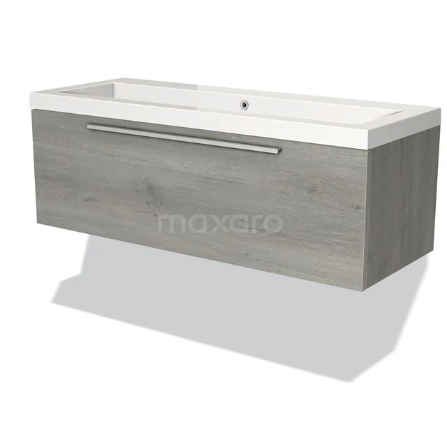 Modulo Bathroom furniture with sink | 120 cm Grey oak Flat front Mineral marble 1 drawer BMW11-02122 Wooden bathroom unit Grey oak, modern hanging design, with white vanity units with basin and metal handle.