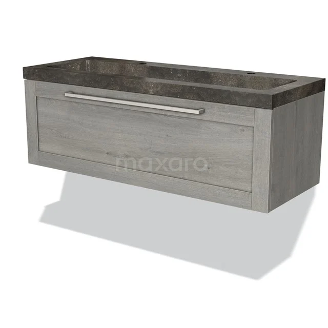 Grey hanging vanity units with basin, wood-look, marble worktop and silver Handle. Timeless addition to any interior.