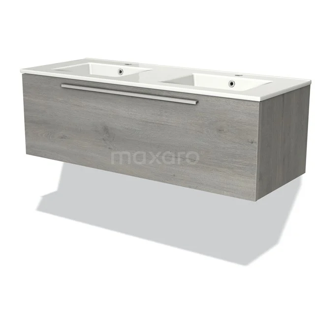 Modulo Bathroom furniture with sink | 120 cm Grey oak Flat front Ceramic 1 drawer BMW11-02135 Double basin with wood-look base cabinet, grey oak, modern design, ideal for stylish bathroom design.