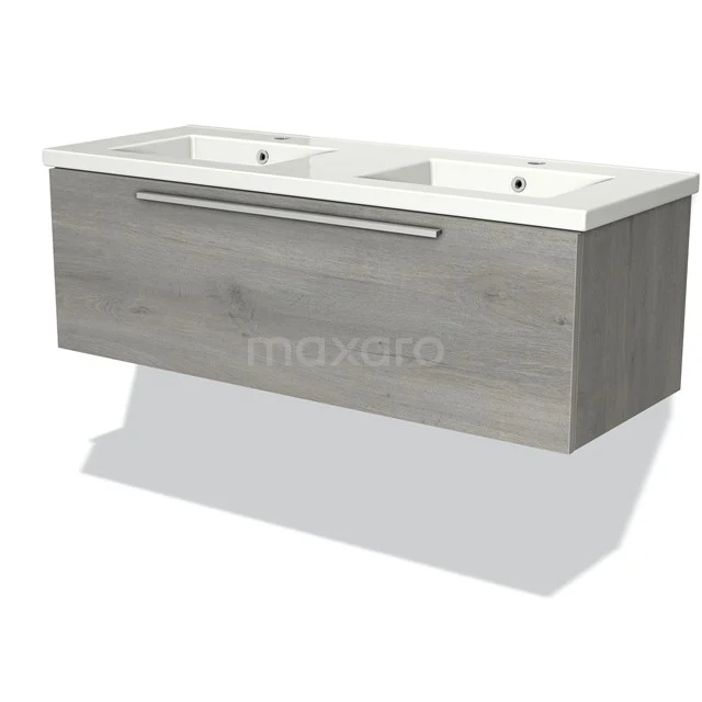 Modulo Vanity units with basin | 120 cm Grey oak Flat front Ceramic 1 drawer BMW11-02136 Wooden bathroom unit with double sink, grey oak finish, sleek design and metal Handle.