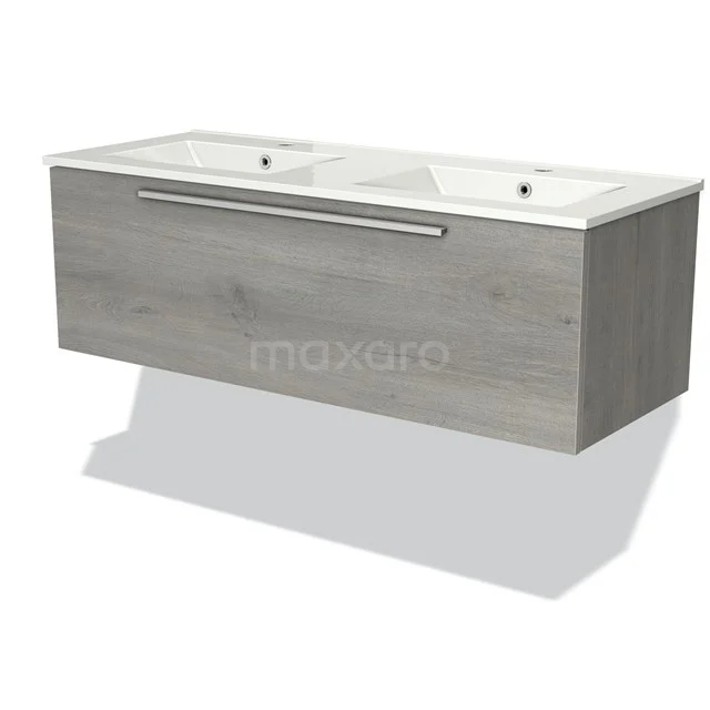 Wooden bathroom unit with double basin in white, modern design, grey oak finish and chrome handle.