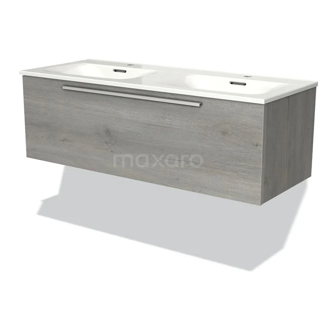 Modulo Vanity units with basin | 120 cm Grey oak Flat front Ceramic 1 drawer BMW11-02139 Wooden bathroom unit with double basin, modern design and drawers with metal handle, ideal for a stylish bathroom.