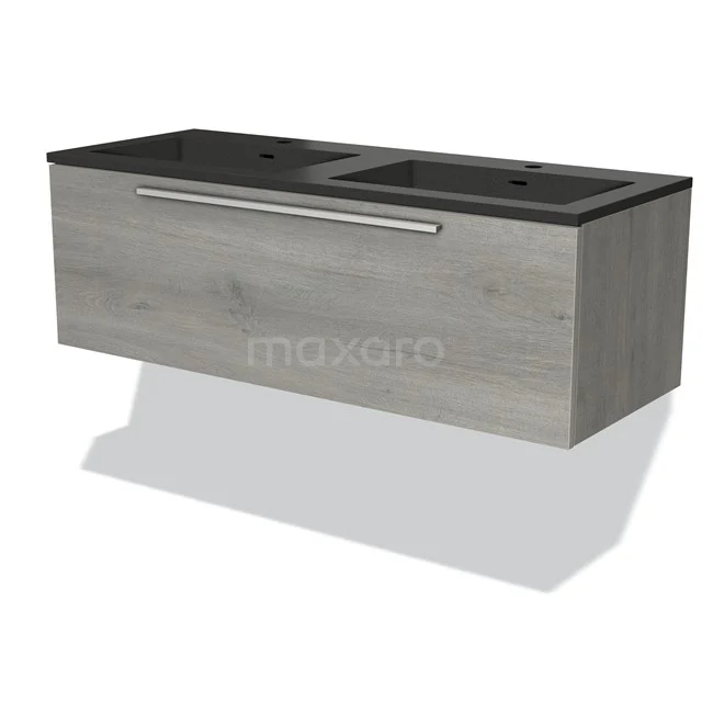 Grey wooden bathroom unit with vanity units with basin, black metal handle and sleek design.