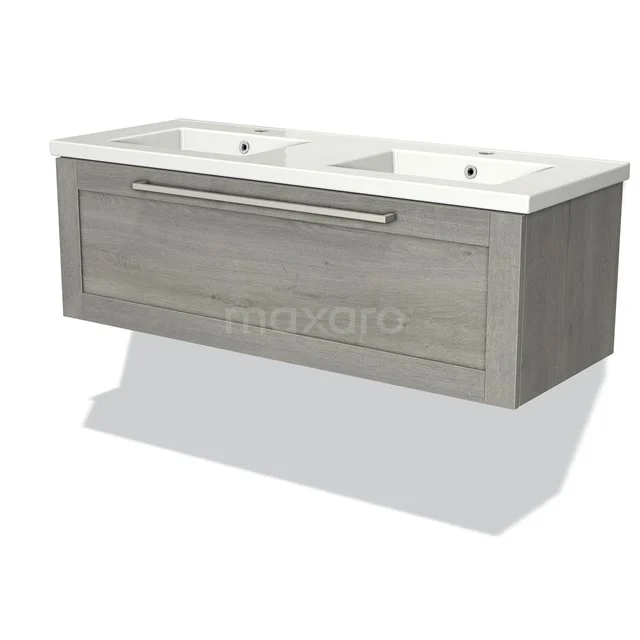 Wooden bathroom unit with double white basin, grey oak finish and modern handle.