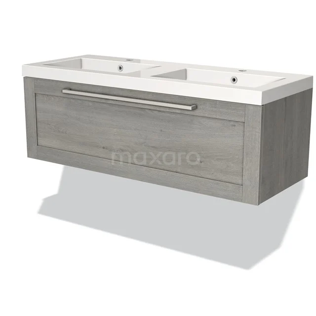Double vanity unit in light oak with soft-close drawers, modern design, ideal for stylish bathroom storage.