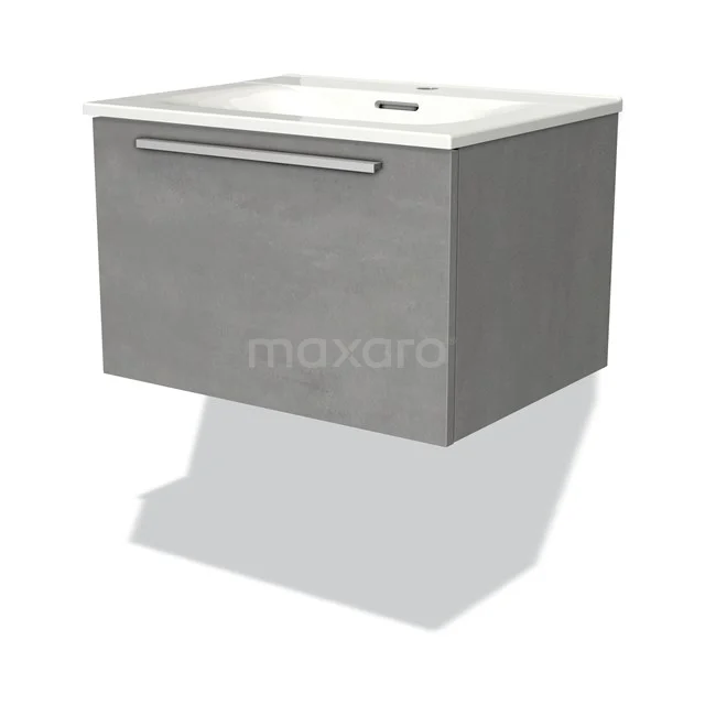 Grey hanging bathroom unit with drawers, concrete look, minimalist design, incl. built-in white basin.