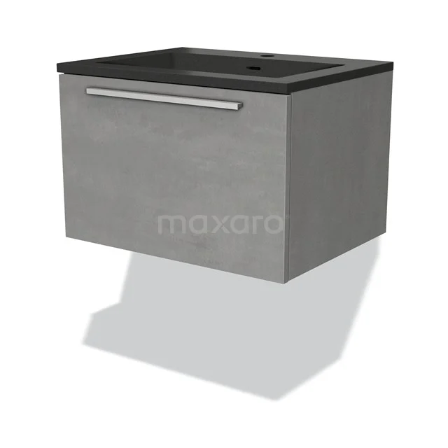 Modulo Vanity units with basin | 60 cm Light grey concrete Flat front Quartz 1 drawer BMW11-02169 Grey bathroom cabinet, hanging, with black basin worktop in modern concrete look, ideal for stylish storage space in the bathroom.