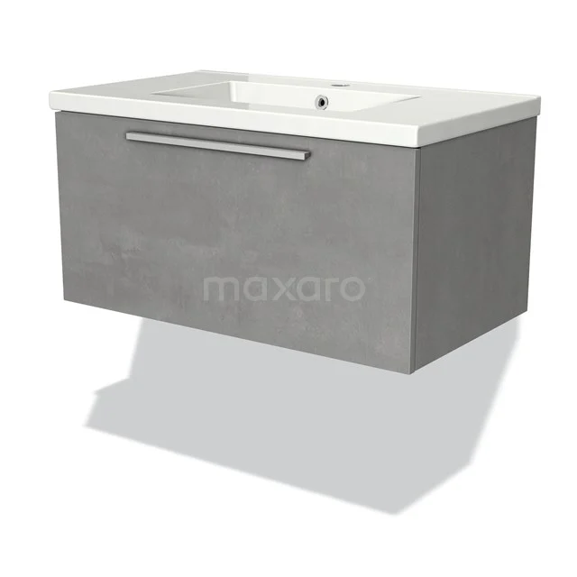 Grauer hängender Badschrank mit Betonlook, weißer Waschtischplatte und metallischem Haltegriff, modernes Design.