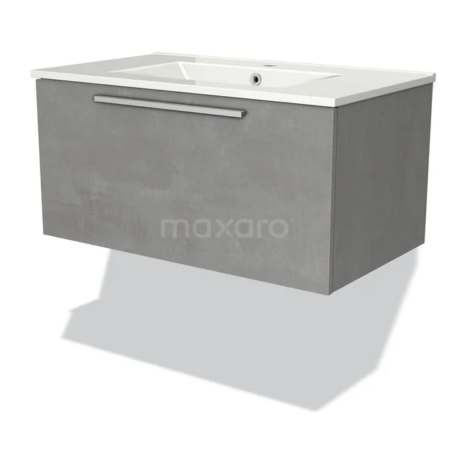 Grey floating bathroom cabinet with integrated white ceramic sink, modern look and metal handle.