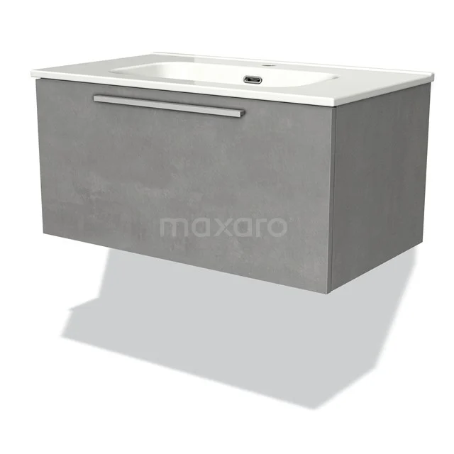Grauer schwebender Badschrank mit integriertem Waschbecken, Betonlook und minimalistischem Design.