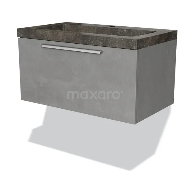 Badmöbel 80cm Modulo hellgrauer Beton 1 Schubladen-Flachwaschbecken Naturstein Blaustein BMW11-02175 Grauer hängender Badschrank mit Betonlook, moderne Schublade und integrierter Waschtischplatte, ideal für ein stilvolles Badezimmer.