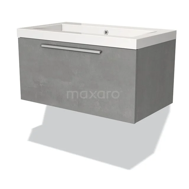 Badmöbel 80cm Modulo hellgrauer Beton 1 Schublade Flaches Waschbecken Mineralguss BMW11-02177 Grauer schwebender Waschbeckenunterschrank mit Schublade und metallischem Haltegriff, ideal als moderne Badezimmeraufbewahrungslösung.