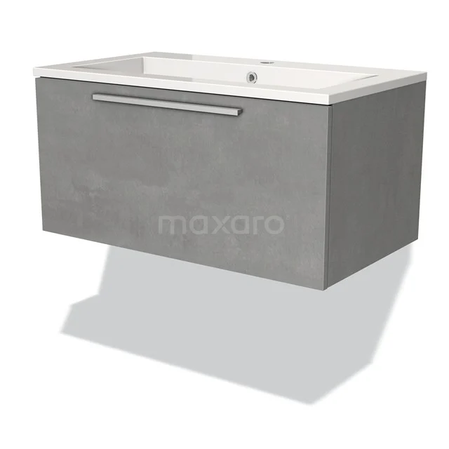 Grey suspended bathroom unit with ceramic vanity units with basin and sleek metal handle, modern design for a stylish bathroom.