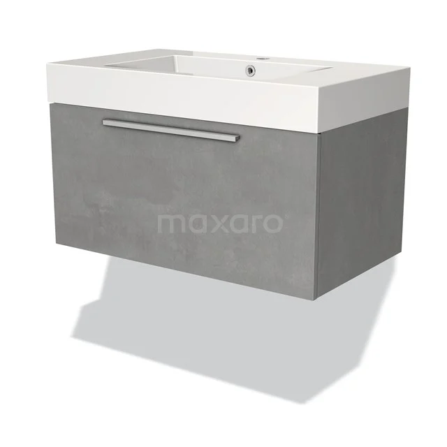 Badmöbel 80cm Modulo hellgrauer Beton 1 Schublade Flaches Waschbecken Mineralguss BMW11-02180 Graue hängende Waschbecken mit weißem keramischen Waschbecken, modernes Design und Schublade, ideal für stilvolle Badezimmergestaltung.