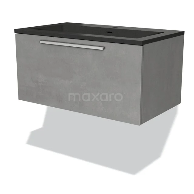 Grey hanging bathroom unit with concrete look and black basin worktop, modern design, ideal for contemporary bathrooms.
