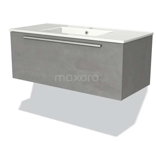 Grey floating bathroom furniture set with sleek design, metal handle and integrated basin in ceramic.