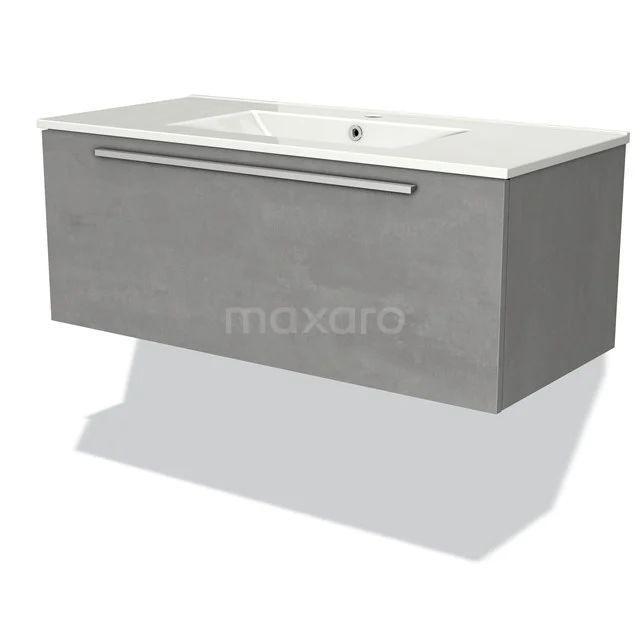 Grey hanging bathroom furniture set with integrated basin, minimalist design and wide storage drawer.
