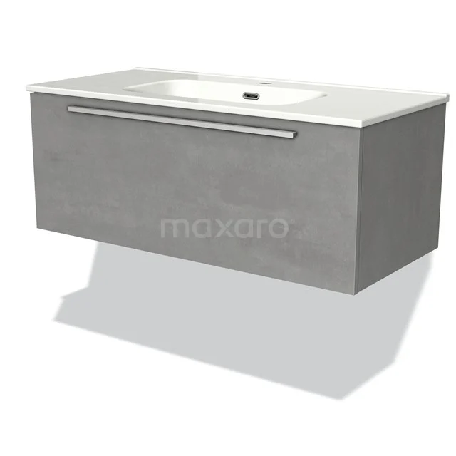 Graues Badezimmermöbel mit integrierter Waschbecken, schlankes Design und metallischem Haltegriff, perfekt für moderne Bäder.