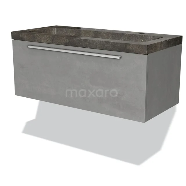 Badmöbel 100cm Modulo hellgrauer Beton 1 Schubladen-Flachwaschbecken Naturstein Blaustein BMW11-02187 Graues wandmontiertes Badezimmermöbel mit Betonlook, breiter Marmor-Waschtischplatte und metallischem Haltegriff.