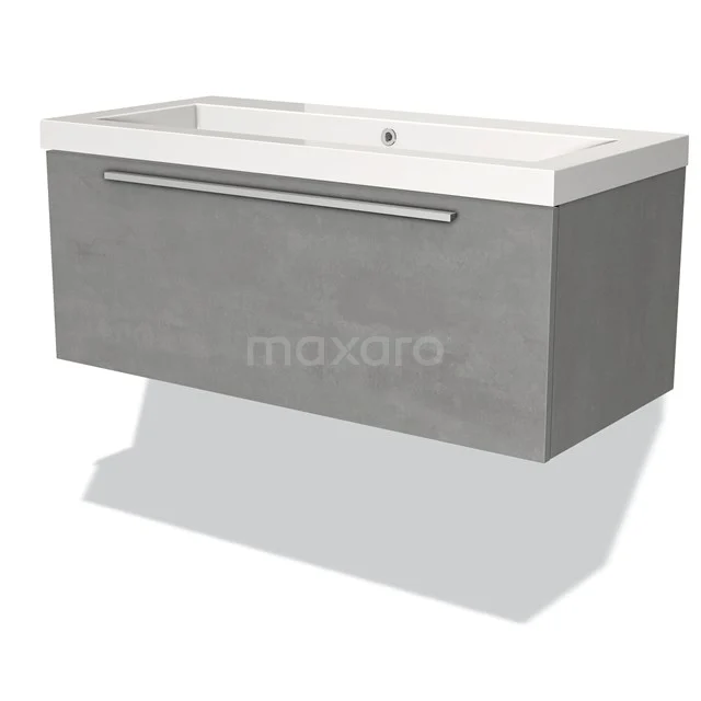 Grey wooden basin base cabinet with integrated white sink, modern design and Chrome Handle, ideal for the bathroom.