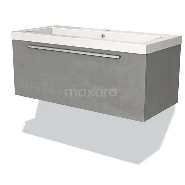 Grey wooden Bathroom unit with drawer, sleek design and white basin worktop, ideal for modern bathrooms.