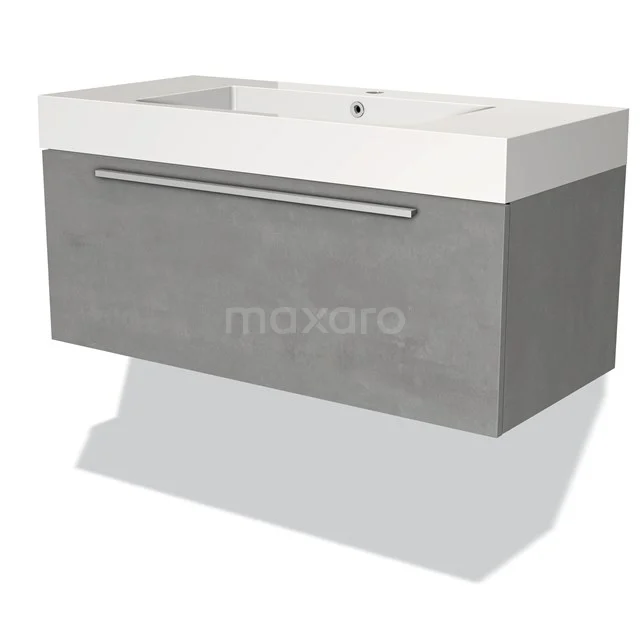Grey hanging bathroom unit with matte concrete look, integrated white vanity units with basin and a wide silver handle.