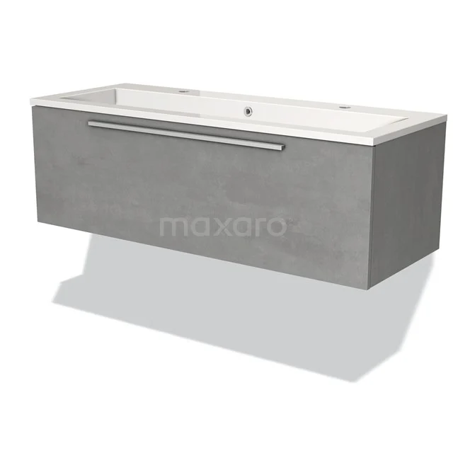 Modern grey bathroom unit, wall-mounted, with white ceramic vanity units with basin and metal handle, sleek design.