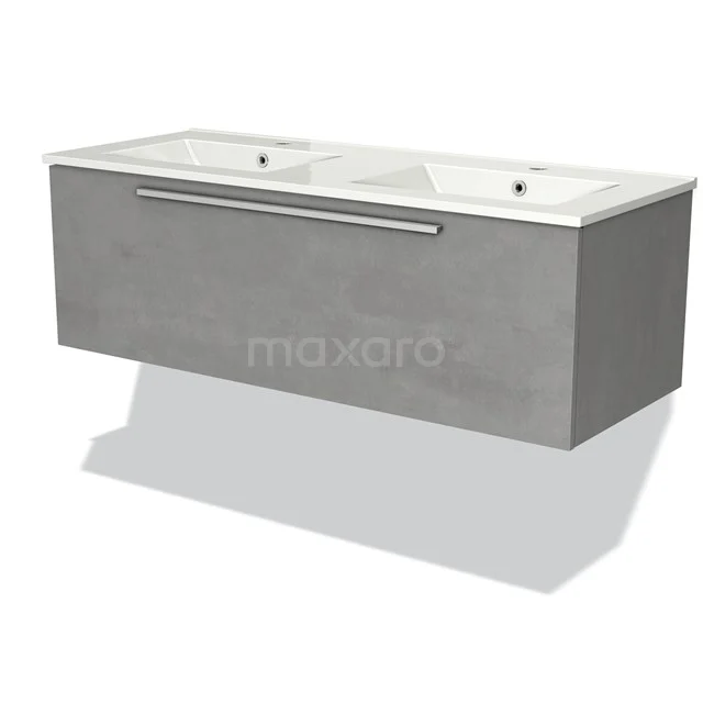 Modulo Vanity units with basin | 120 cm Light grey concrete Flat front Ceramic 1 drawer BMW11-02206 Grey bathroom furniture set with double basin and drawer, modern look, wall-mounted, ideal for sleek bathroom fittings.