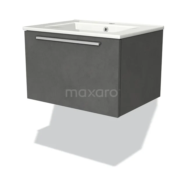 Dark grey floating bathroom cabinet with white basin, sleek design, ideal for modern bathrooms.