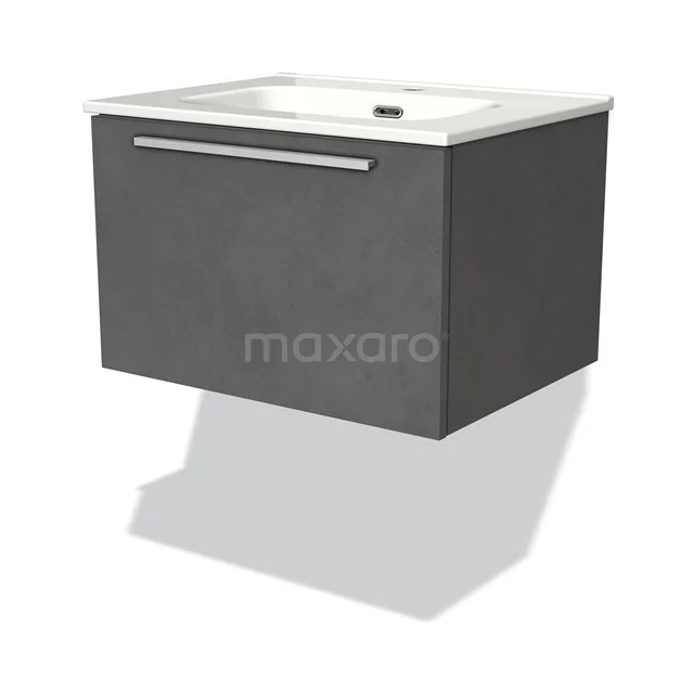 Dunkelgrau schwebendes Badezimmermöbel mit einer Schublade und einem weißen keramischen Waschbecken, modernes Design.