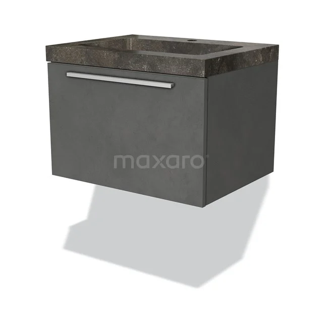 Dark grey floating bathroom cabinet with concrete-look basin and silver Handle, modern and compact design.