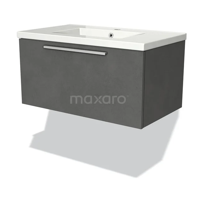 Antrazitgrauer schwebender Badschrank mit keramischem Waschbecken und chromfarbigem Haltegriff, modernes Design.