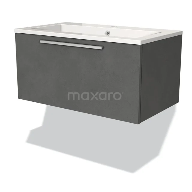 Badmöbel 80cm Modulo Dunkelgrau Beton 1 Schublade Flaches Waschbecken Mineralguss BMW11-02236 Antrazitgrauer schwebender Badschrank mit integriertem Waschbecken, modernes Design und Metallgriff.