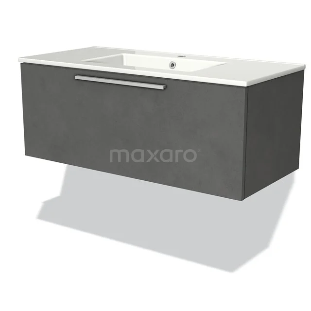 Bathroom furniture set in grey with matt design, wide drawers and integrated ceramic basin, modern and space-saving.