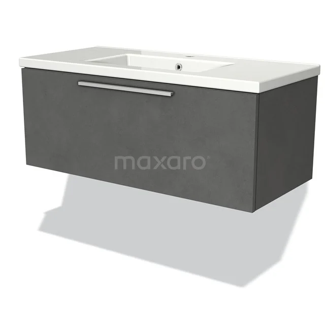 Floating bathroom unit grey concrete look with white ceramic vanity units with basin and metal handle, sleek and modern design.