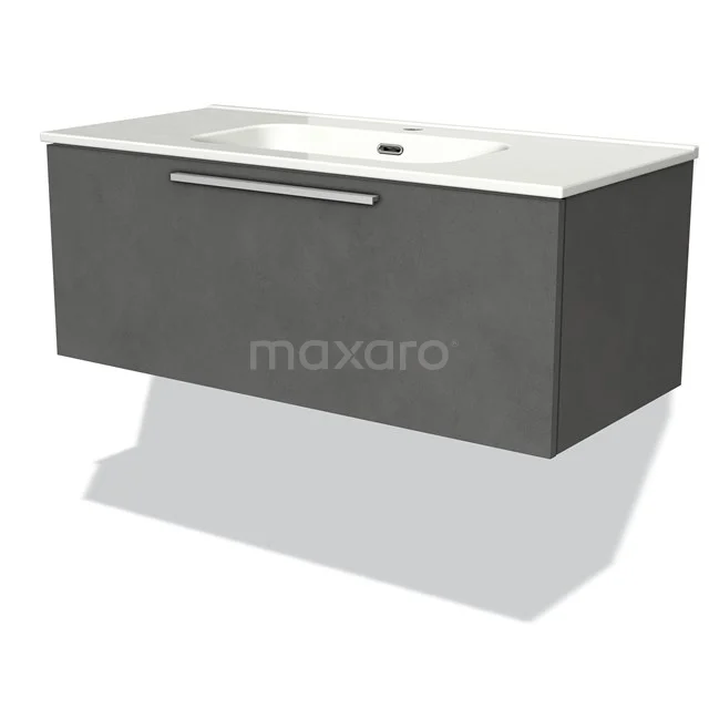 Graues hängendes Badmöbel mit keramischem Waschbecken, geraden Formen und metallischem Haltegriff. Modernes Design für jedes Badezimmer.