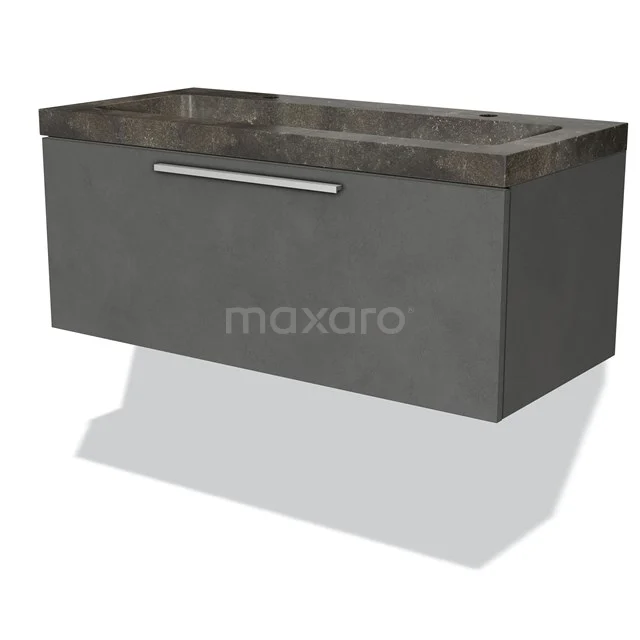 Dark grey bathroom unit with wide drawers, including ceramic countertop wash basin and metal Handle, modern concrete-look design.