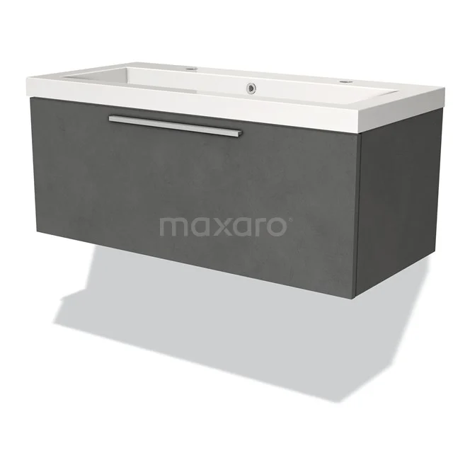 Floating anthracite bathroom cabinet with white basin, modern look, handle-less design, ideal for a sleek bathroom.