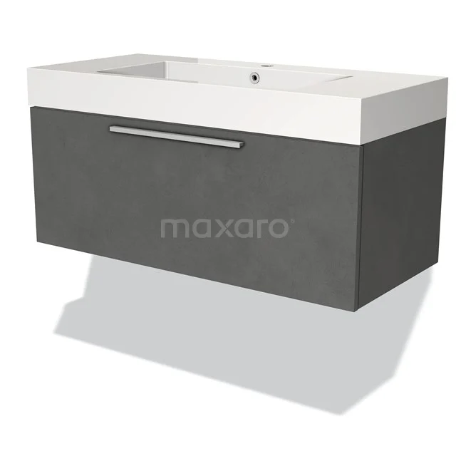 Grauer hängender Badschrank mit Holzverkleidung, weißem Keramik-Waschbecken und Edelstahl-Haltegriff, modernes Design.