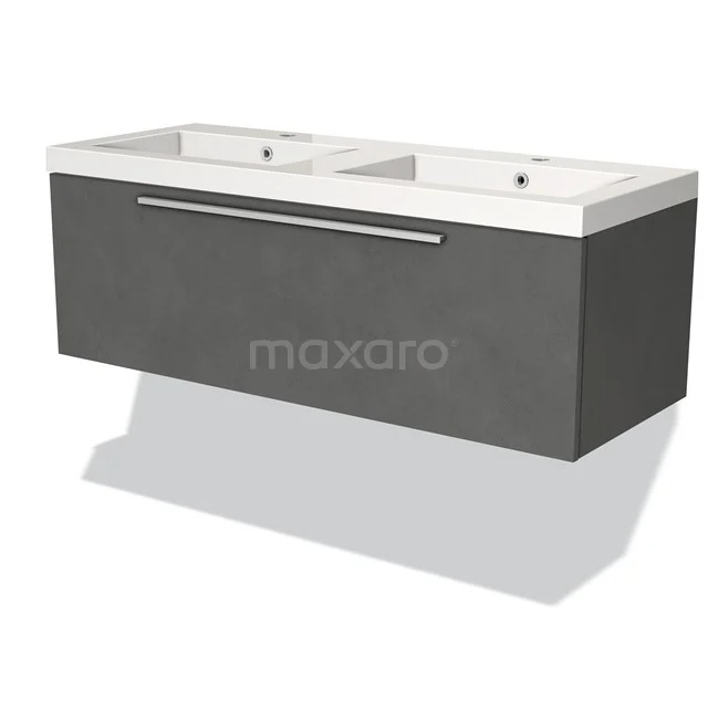 Double basin with matt grey hanging bathroom unit, sleek design and modern finish, perfect for a stylish bathroom space.