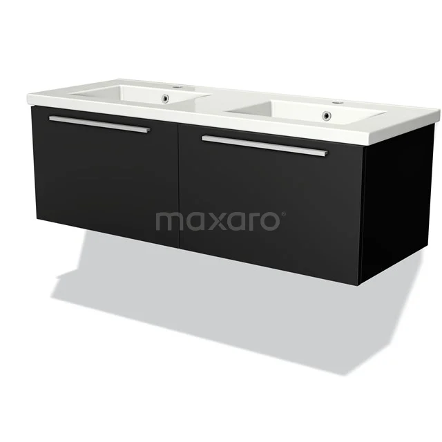 Black, double vanity unit made of wood with sleek design, two ceramic sinks, ideal for modern bathrooms.