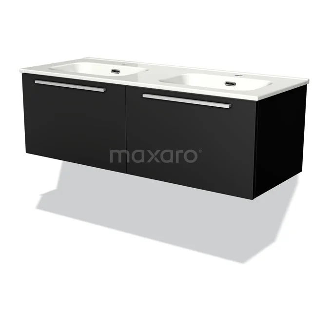 Zwart dubbel wastafelmeubel met witte keramische wasbakken, moderne afwerking ideaal voor een stijlvolle badkamer.