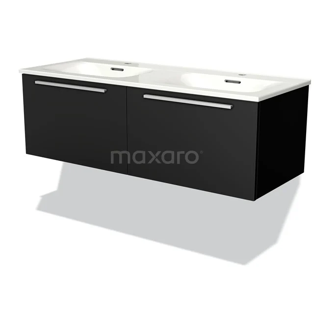 Black floating bathroom unit with double basin, modern design and sleek metal handles for stylish bathrooms.