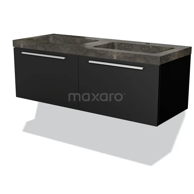 Modulo Waschtische | 120 cm Matt Schwarz Flach front Naturstein 2 nebeneinanderliegende Schubladen BMW12-00149 Schwarze Badmöbelset mit marmorierter Platte, einschließlich Doppelwaschbecken und eleganten silberfarbenen Haltegriffen.