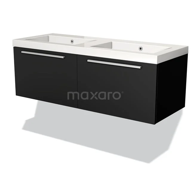 Double black bathroom furniture set with glossy white basin worktop, clean lines and two tap holes.